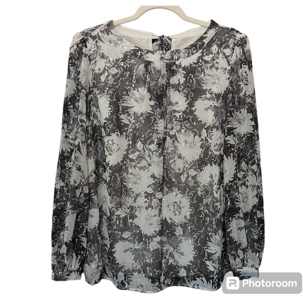 Talbots Floral Scrolls Tie Back Blouse with Metallic Shimmer Size Large